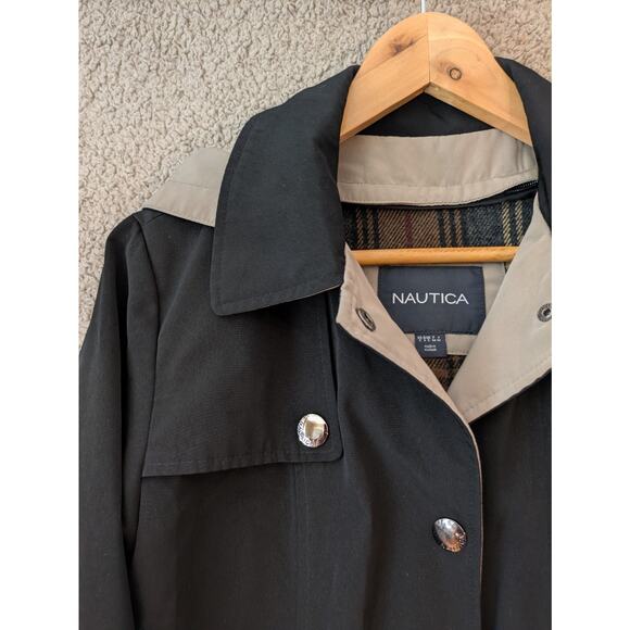 Vintage Nautica Women's Knee-Length Trench Jacket Small Black Hooded Coastal y2k - Picture 4 of 16